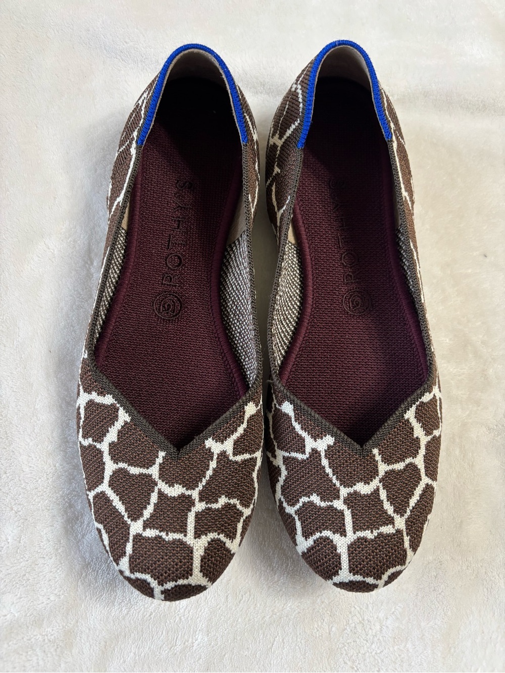 Rothy's Brown & Cream Giraffe-Print Ballet Flats with Blue Heel Trim